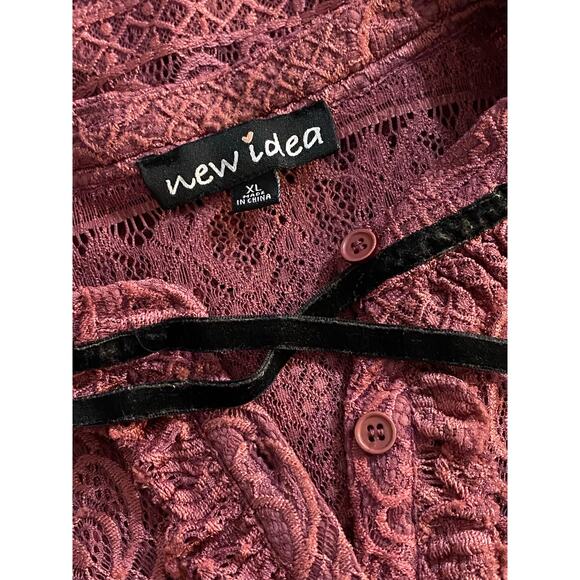 NEW IDEA Mauve Lace Button Up Blouse Black Velvet Trim / Bow XLARGE Whimsygoth - Picture 5 of 6